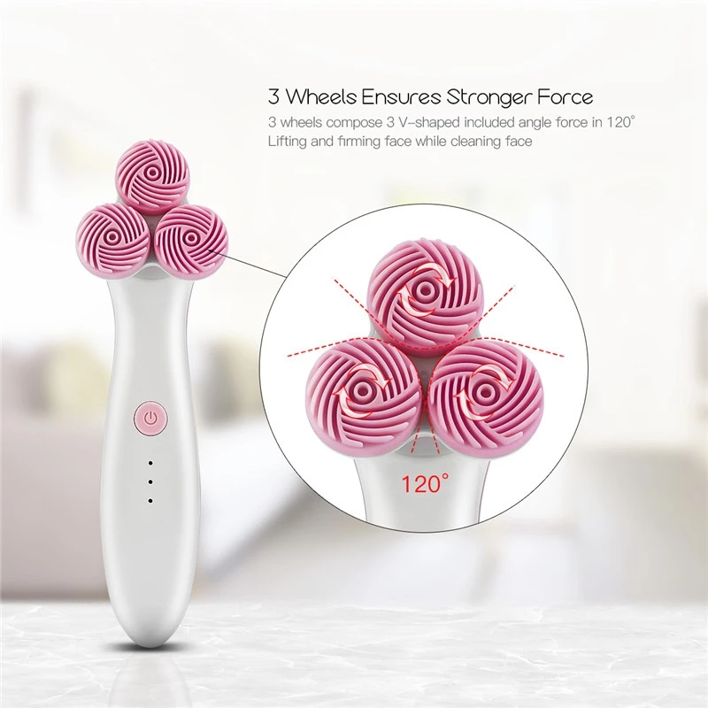 Sonic Facial Cleaner Brush Deep Cleaning 3 Wheels 3D Cleansing Brush Electric Face Massager Scrubber Skin Care Beauty Device