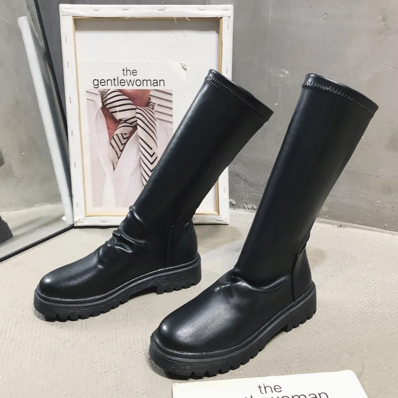 mid-calf boots Черные плиссированные Ботинки martin; женские мотоботы на платформе; эластичные ботинки из искусственной кожи; женские зимние сапоги до колена; 3 длины; bottes2019 - Цвет: mid-calf boots