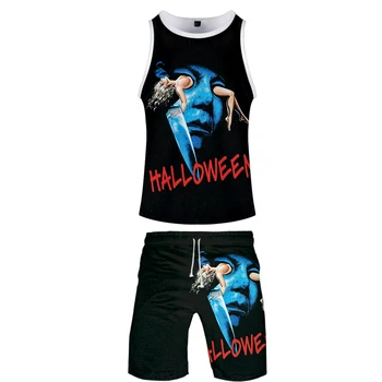 

2019 men's shorts set halloween woman face 3d print stranger things casual o-neck tank tops +set 2piece sports suit