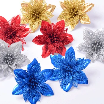 

Large Artificial Flowers for Christmas Decor Glitter Poinsettia Fake Flowers DIY Home Xmas New Year Decoration Flower Wedding