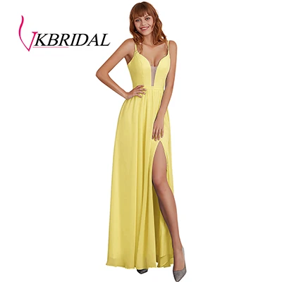 VKbridal High Slit Chiffon Bridesmaid Dresses Deep V-Neck A-line Wedding Guest Formal Wear Lace Up Bridal Wedding Party Dresses - Цвет: Цвет: желтый