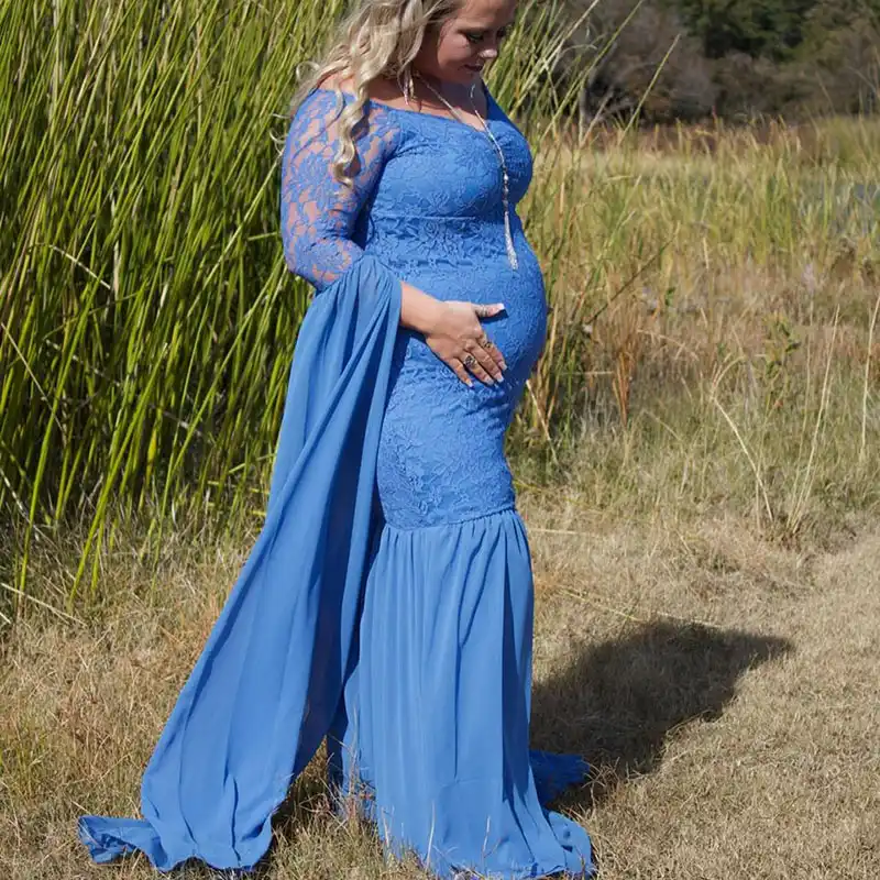 Pregnant Women Off Shoulder Ruffle Sleeve Lace Maternity Gown Maxi