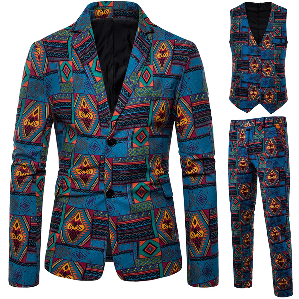 

2019 Printing men suits 3 Pieces Set ethnic style Casual slim fit two-buttons Vintage wedding suits (Blazer+Vest+Pants)