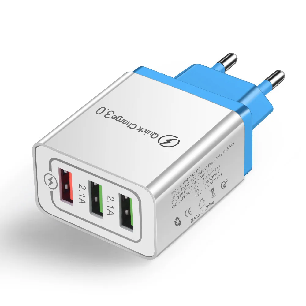 QC 3,0 USB зарядное устройство с 3 портами 5V3A EU US Plug Adapter traverl wall quick charge 3,0 для iPhone samsung Xiaomi зарядное устройство для мобильных телефонов - Тип штекера: Blue