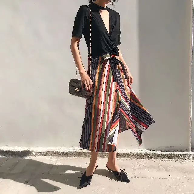 

18 Spring And Summer New Style Europe And America-Style Single-Breasted Lace-up High-waisted Slimming Skirt Mixed Colors Stripes