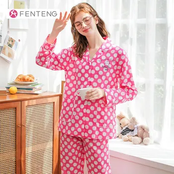 

FENTENG Spring Summer Pajamas Set Causal Dot Printed Pajamas For Women Lapel Full Sleeves Loose Female Sleep Top J98111213