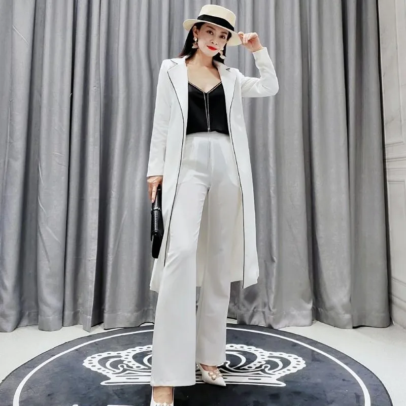 Подиум Женский Длинный блейзер Тренч пальто широкие брюки офисный Женский комплект из двух предметов классический пояс на шнуровке костюм наборы