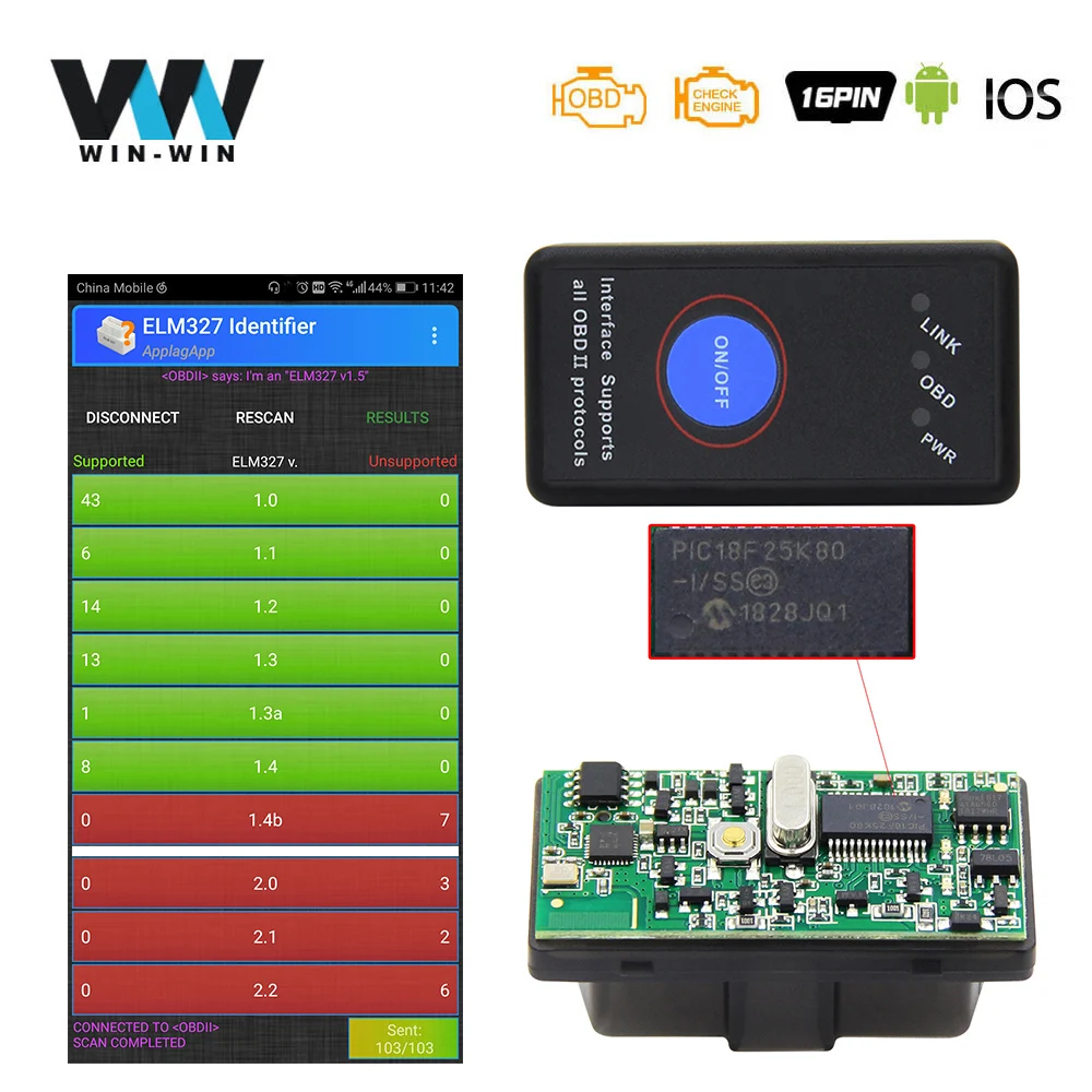 ELM 327 V1.5 z PIC18F25K80 OBD2 Wireless BT4.0 skaner ELM327 V1.5 dla ...