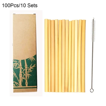 

Hot 100Pcs/lot Bamboo Drinking Straws Reusable Eco-Friendly Party Kitchen + Clean Brush Useful kitchen Tool Dropshipping