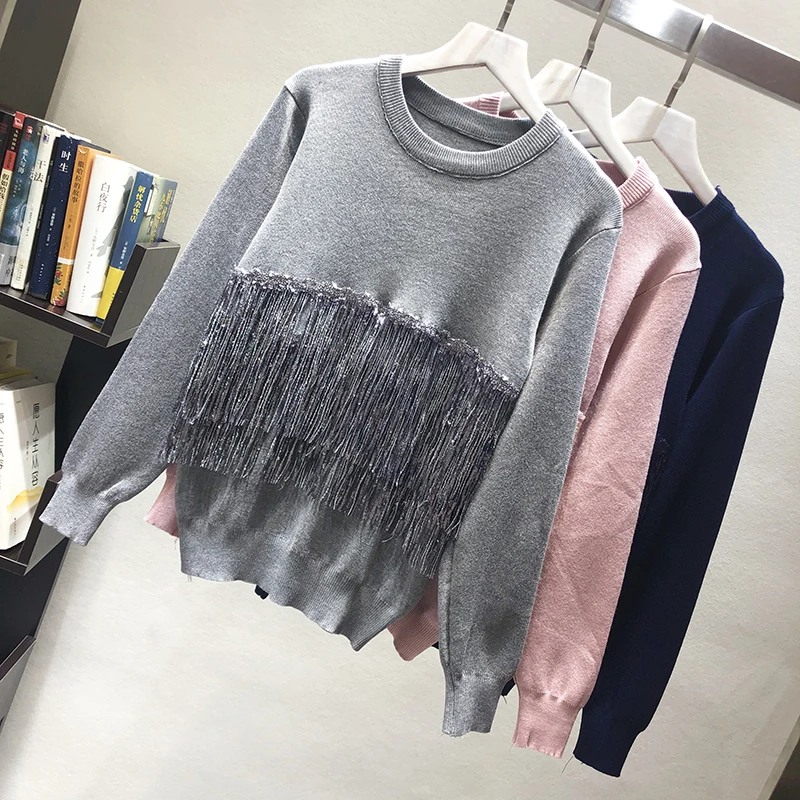 ALPHALMODA осенне-зимние модные свитера с бахромой с длинными рукавами и круглым вырезом стильный джемпер с кистями женская модная одежда
