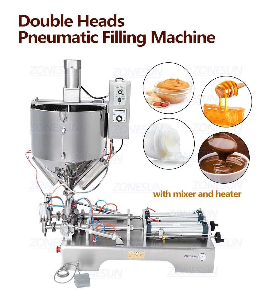 ZONESUN 2 Heads Paste Filling Machine With Mixer And Heater