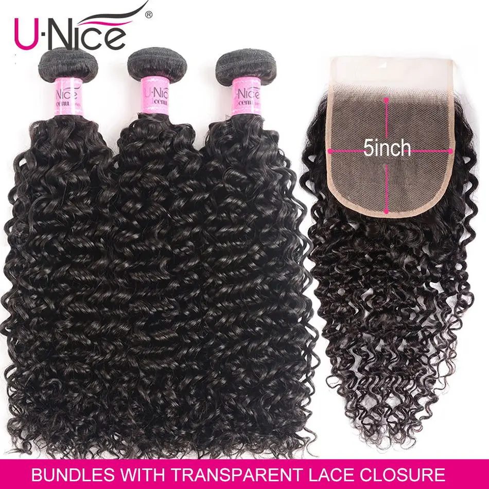 

UNICE Hair 5x5 Transparent Lace Closure With Bundles Brazilian Curly Human Hair 3 Bundles With Lace Closure Remy Hair Extensions