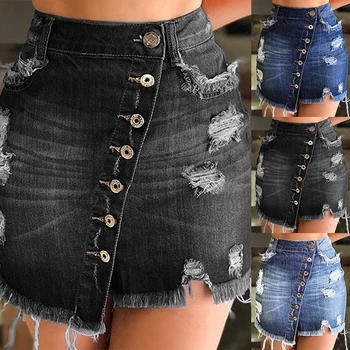 

Fashion Women Skirt Slim High Waist Hole Pencil Skirt Woman Casual Tassel Pockets Solid Light Blue Black Blue Short Mini Skirt