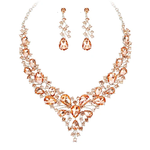 Модные серьги с австрийскими кристаллами, ожерелье, индийские свадебные ювелирные наборы, подходят для свадебного костюма, рождественские подарки для женщин - Окраска металла: peach in rose gold