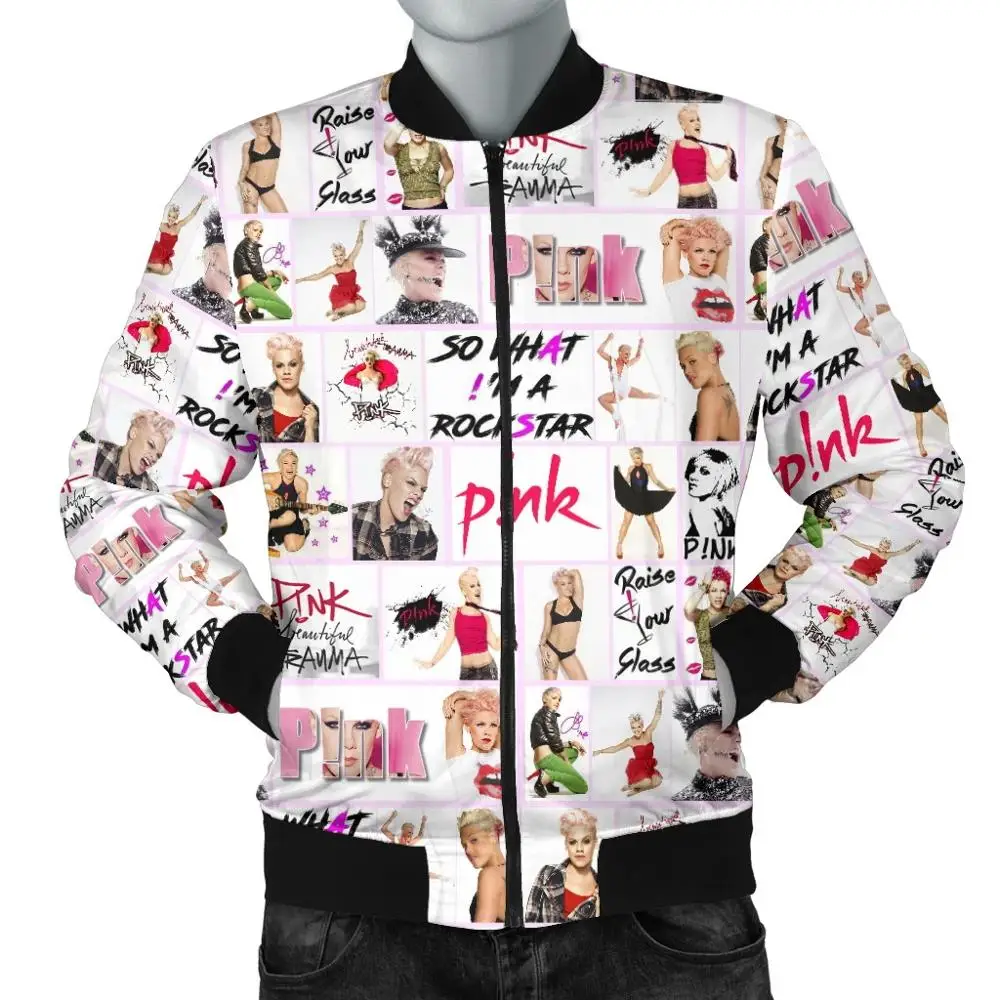 Men's Warm Bomber Jacket P!nk Singer 3D All Over Printed Thick winter Long Sleeve pocket outwear Unisex Casual Zip Jacket shenrun men shirts long sleeve slim fashion design lace sleeves casual shirt party prom ball stage costume nightclub singer host