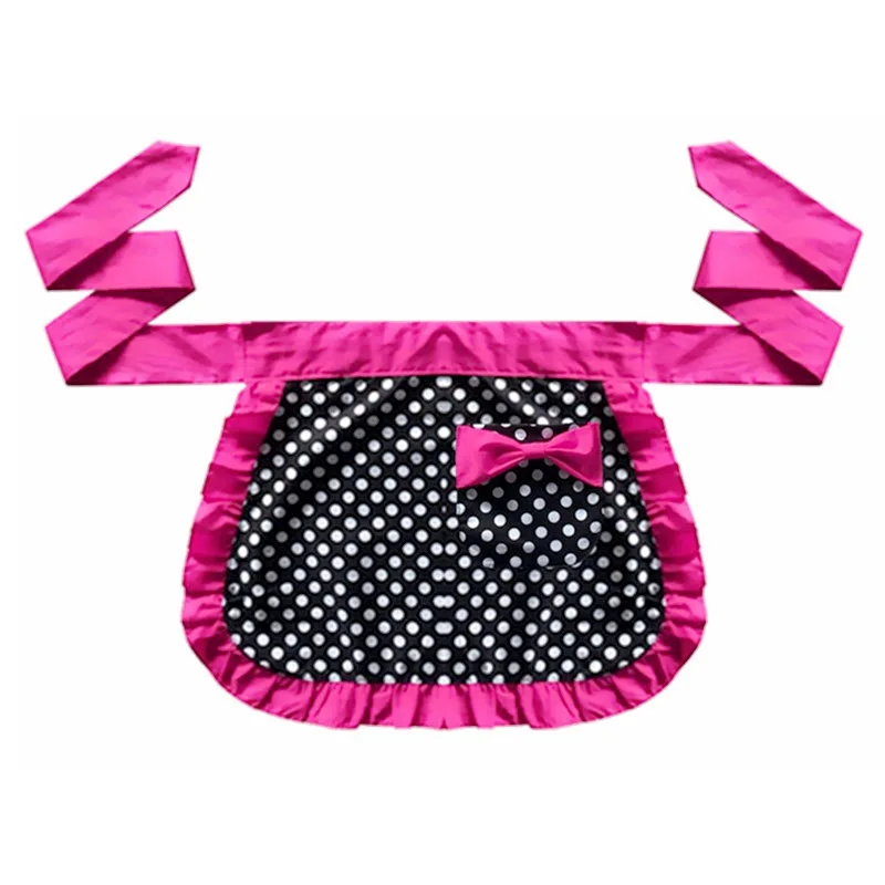 Black Sexy Waist Apron with Pocket, Polka Dot Ruffle Side Cotton Kitchen Cooking Waitress Server Half Aprons Women Girl C1A18