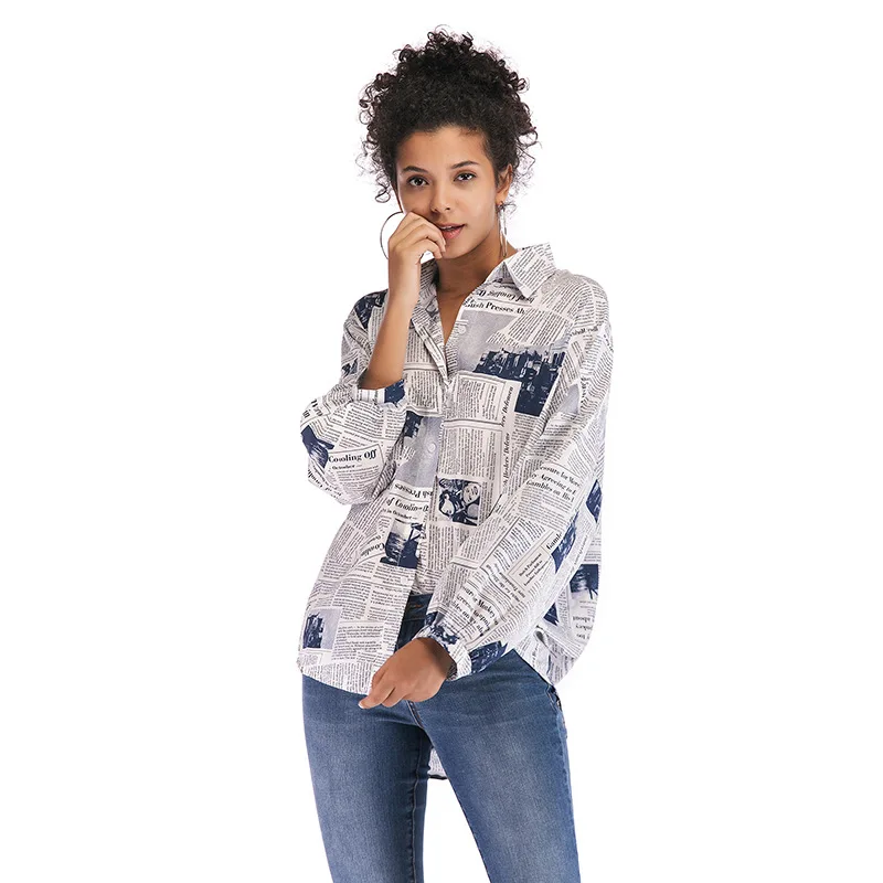 

2020 Spring Autumn Women Letters Print Newspaper Shirts Streetwear Long Sleeve Shirts Plus Size Loose Ladies Top Leisure Shirts