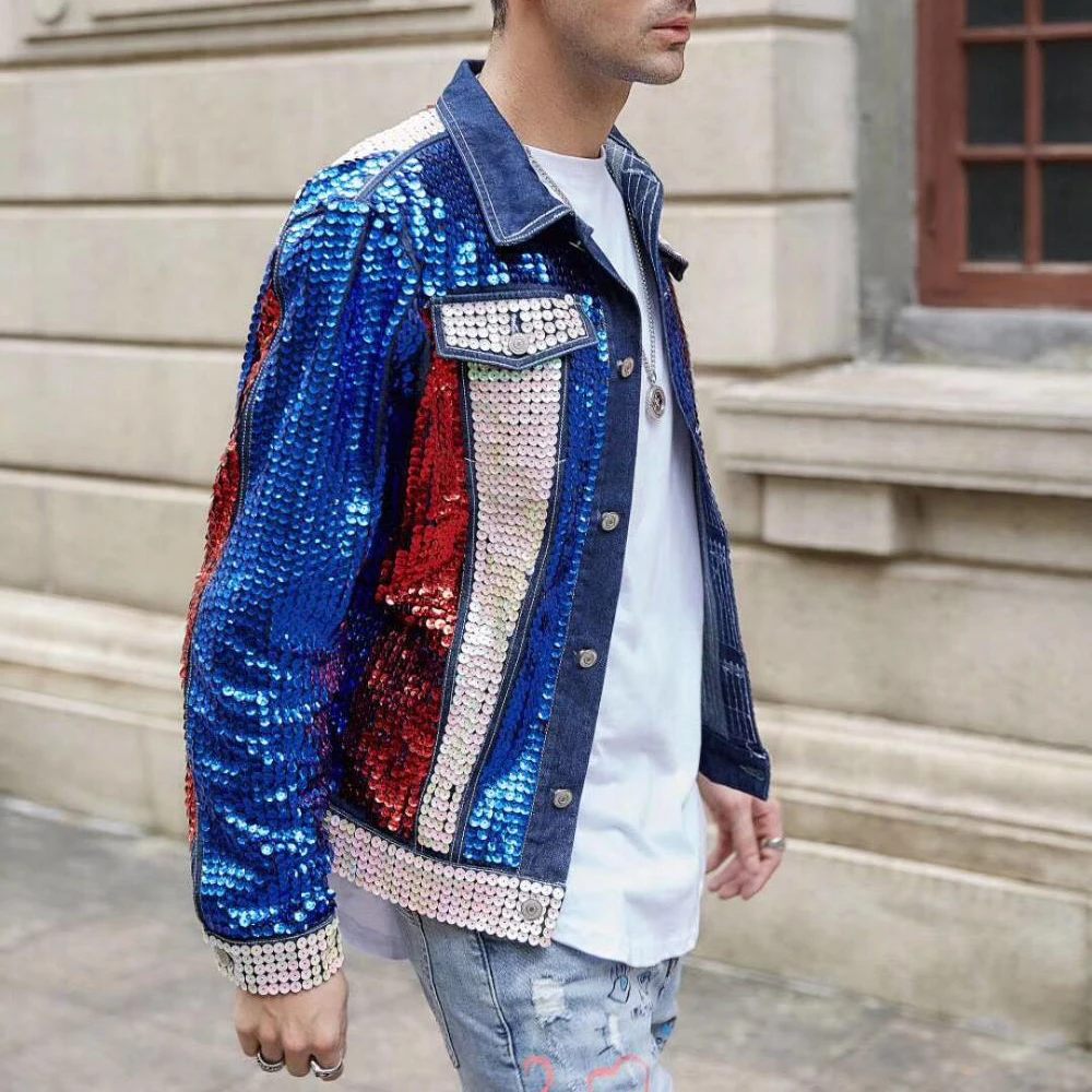 sequin jacket Ковбойская куртка, расшитая блестками Джинсовая куртка, топ на бедрах, Chaqueta Vaquera Veste En, короткая куртка-смокинг, джинсы Kurtka для сцены - Цвет: sequin jacket