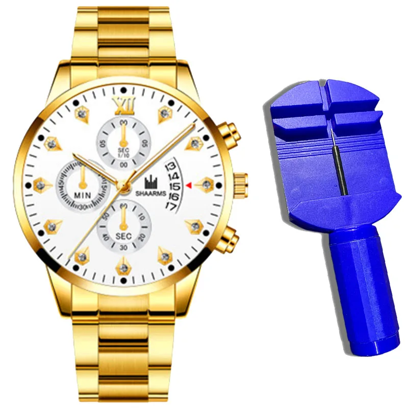 2021 Luxury Brand SHAARMS Alloy Strap Men's Watch Diamond Waterproof Quartz Watch for Men's Analog Three-eye Calendar Male Clock 