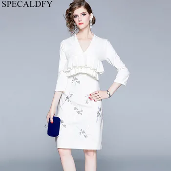 

Spring Autumn Ruffle Black White Elegant Dress Women Embroidery Slim Bodycon Dresses High Quality Fashion Work Office Dress Robe