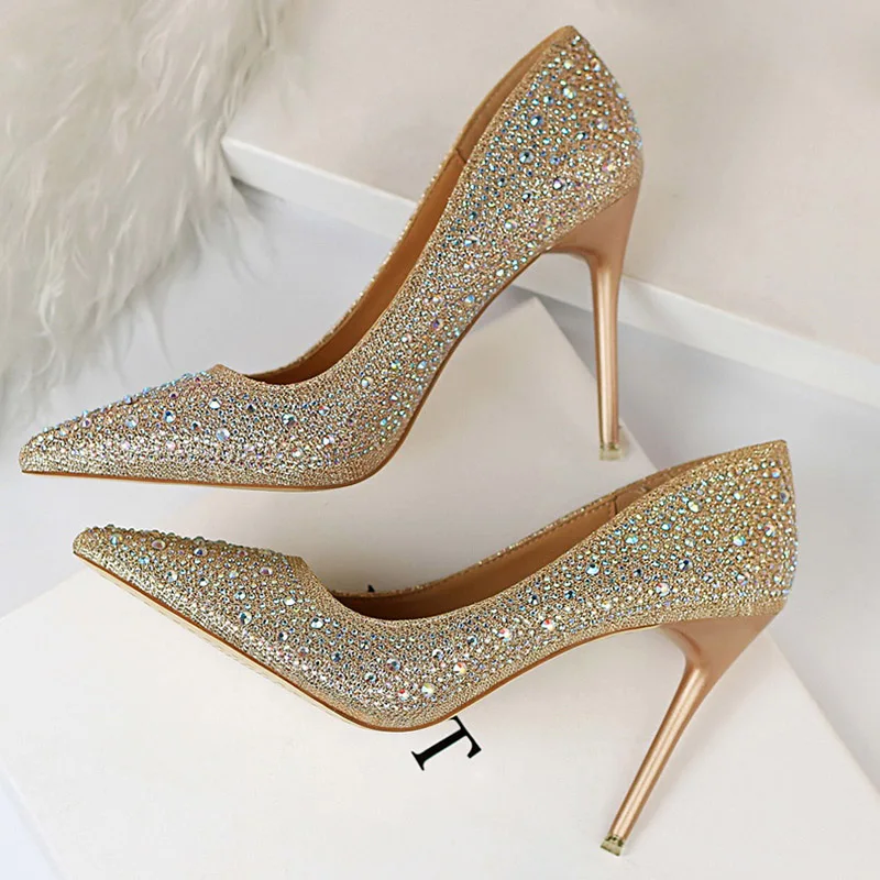 

2020 Women 10cm High Heels Glitter Crystal Pumps Lady Fetish Elegant Silver Female Footwear Wedding Gold Bridal Scarpins Shoes