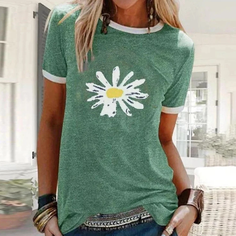 CYSINCOS Women Flower T-shirts Lady Fashion Short Sleeve Clothes Summer Shirt Top Tee O Neck Female Ladies Womens Tee T-Shirt