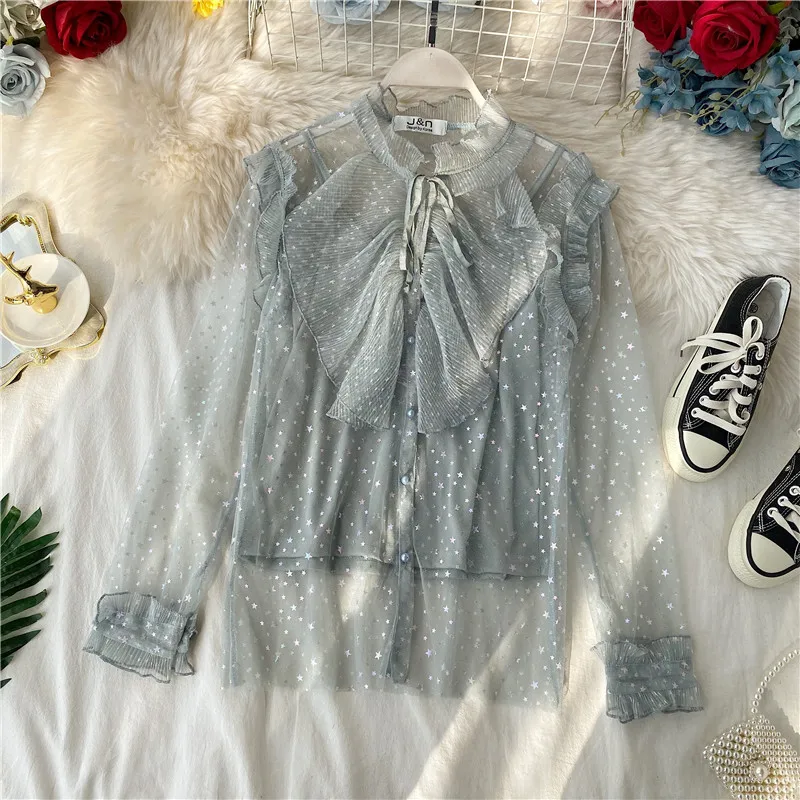 light blue Новинка, весенне-осенняя Женская сетчатая блузка с длинным рукавом и оборками, расшитая блестками и звездами, рубашки, женские элегантные сетчатые рубашки с оборками, топы - Цвет: light blue