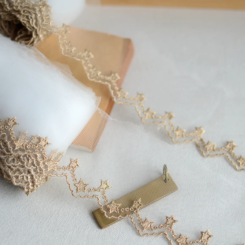 4Meters/lot 5cm wide Delicate star embroidery mesh lace gold color lace