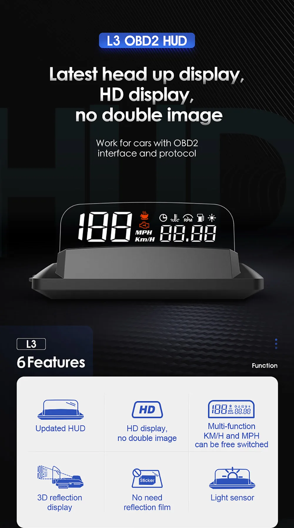 HUD Mirror L3 Car Head up display Digital Speedometer (1)