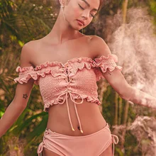 Новые корейские женские бикини наборы милый купальник из двух частей сплошной розовый Передний галстук Sierra короткий топ сексуальный пышная балетная юбка пляжная одежда