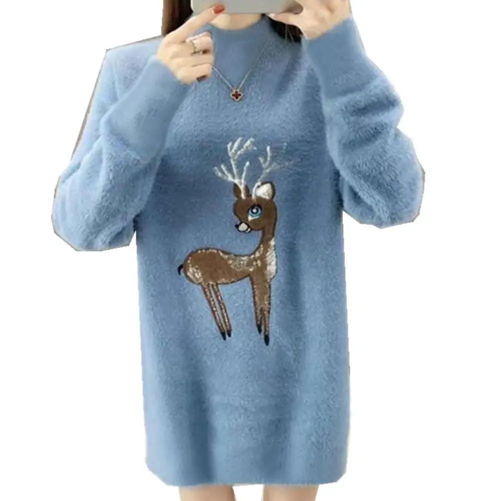 Mohair Winter Warm Christmas Sweaters Women Fleece FashionTurtleneck Knitted Sweater Dress Pullovers Long Knitwear Oversize - Color: blue