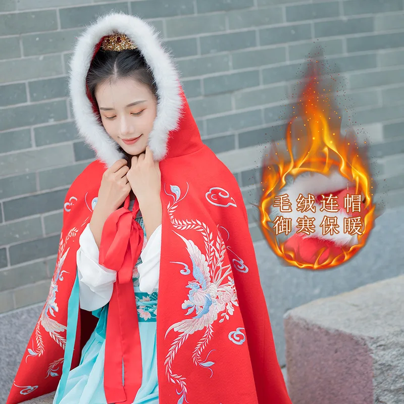 Women Winter Long Coat Phoenix Embroidered Woolen Cloak Ladies Cotton Fashion Cardigan Jackets Women-s Hooded Capes |