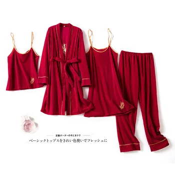 

Sleepwear Lady Navy Blue Home Clothing Velvet 4PCS Pajamas Suit Long Sleeve Sexy Homewear Autumn Winter Soft Velour Nightwear