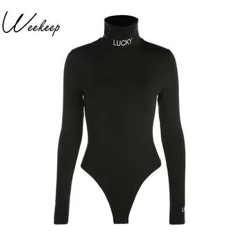 

2020 Sexy Women Sexy Black Letter Print Slim Bodysuits 2017 Winter Turtleneck Long Sleeve Jumpsuits Skinny Rompers Combinaison