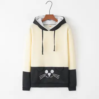 

Women's stitching color long-sleeved hooded animal embroidered sweatshirt fleece loose casual bow pullover autumn and winter