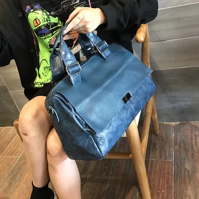 women winter pu leather bag OL black one shoulder bag female brown blue green casual crossbody messenger bag - Цвет: blue