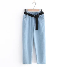 Деним, джинсы для женщин простой сплошной цвет эластичная талия Джинсовый пояс прямые брюки девять женские джинсы повседневные брюки