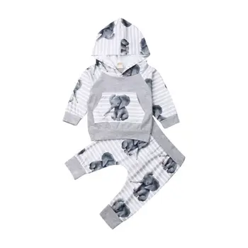

Baby Girls Boy Hooded Tops Pants Tracksuit Trousers Sets Kangaroo Pocket Cartoon Elephant Casual Sweatshirt Autumn Striped