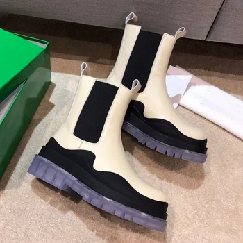 

2020 Autumn and Winter New round Head Thick Bottom Mid Heel Elastic Slip-on Color Bottom Chelsea Boots Women's Shoes