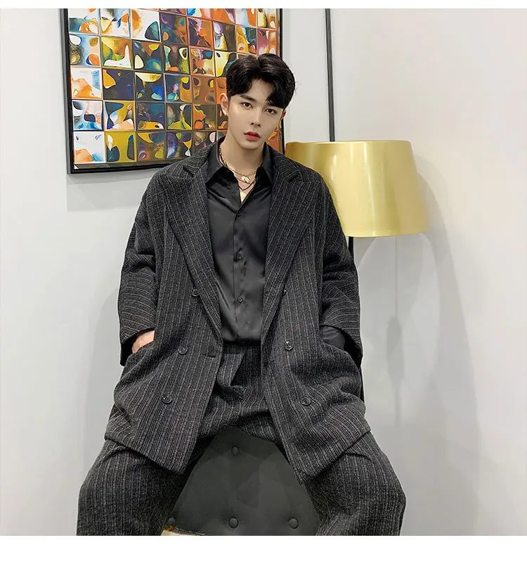 Men Oversize Loose Stripe Thick 2PCS Suits Sets(jacket+pant) Male Vintage Streetwear Hip Hop Suit Coat Trouser Blazer Outerwear