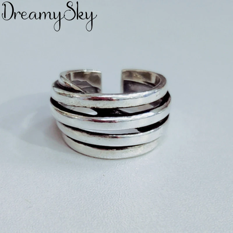 DreamySky Bijoux Boho стильные 925 пробы серебряные кольца с большой линией для женщин Подарки большие Регулируемые кольца на палец