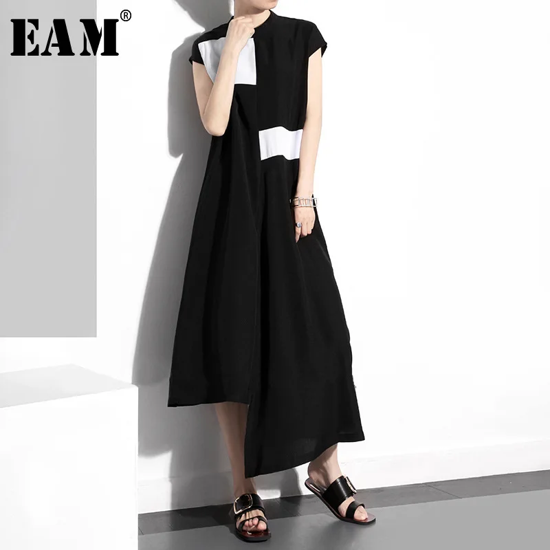 [EAM] Women Black Contrast Color Split Long Dress New Stand Collar Sleeveless Loose Fit Fashion Spring Summer 2022 1T360 | Женская