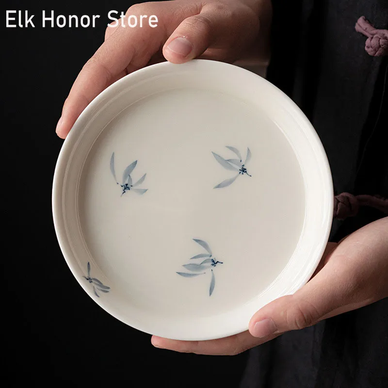 

White Porcelain Tea Dry Hand-painted Butterfly Orchid Soaking Table Pot Holder Household KungFu Tea Set Accessories Tea Ceremony