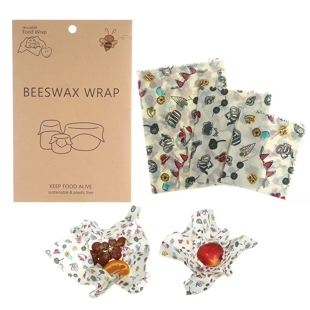 3pcs S95-5 4PCS Beeswax Food Wrap Reusable Eco Friendly Food Wrap Sandwich Bags Natural Fruit Bees Wax Cloth Kitchen Storage Tool - Цвет: 3pcs S95-5
