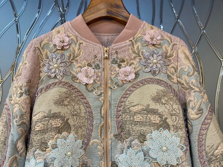 Autumn and winter new women's jacquard embroidery pattern decoration zipper long sleeve short coat 1014