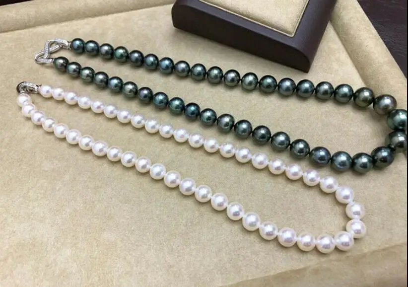 Посеребренный Два necklace10-11mm белый, 11-12 мм черный зеленый tahitian perl ожерелья - Окраска металла: Посеребренный