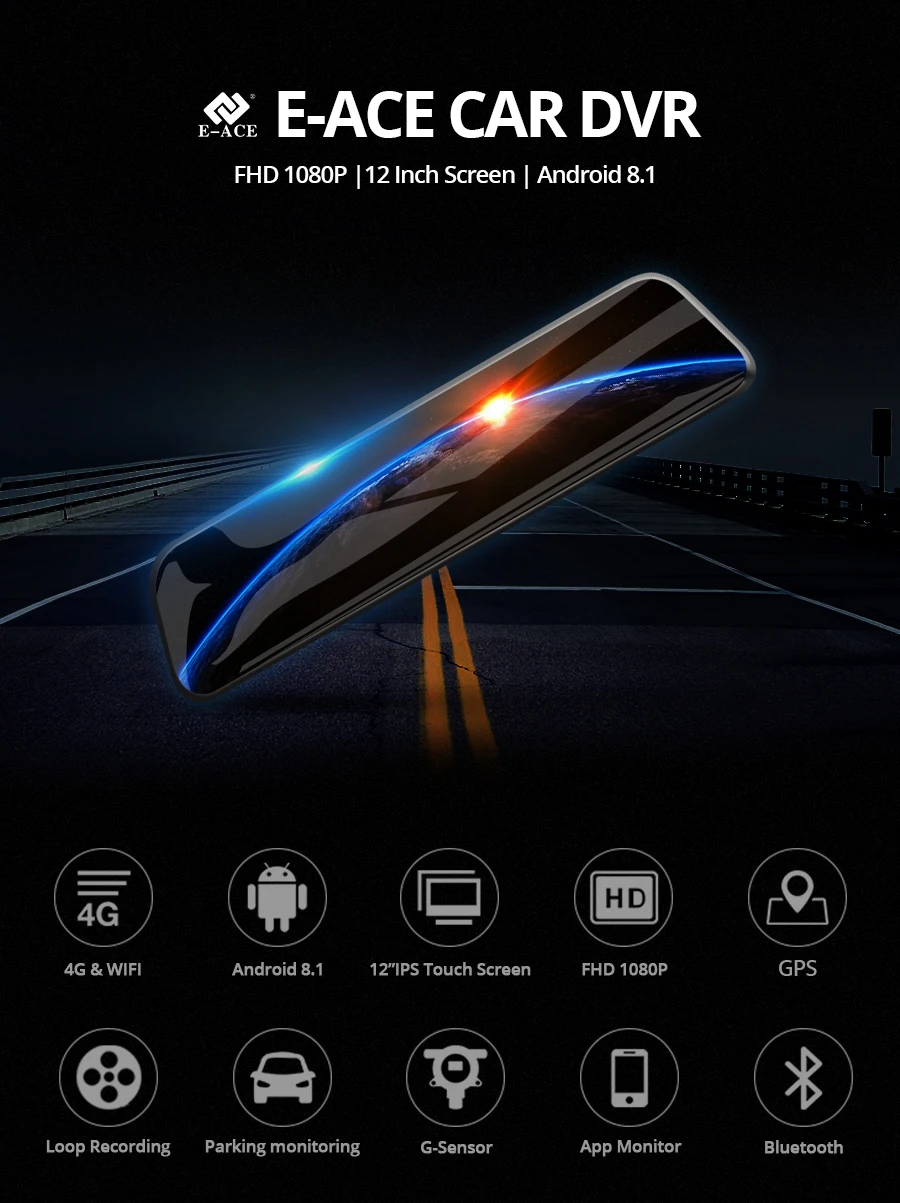 E-ACE D14 Автомобильный видеорегистратор 12 дюймов 4G Android зеркало заднего вида gps навигационное Зеркало Dvr Автомобильная камера видеорегистратор FHD 1080P Авто Регистратор