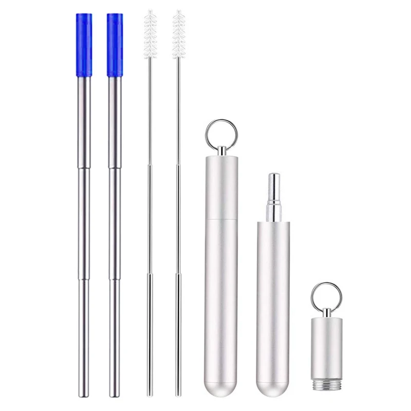Telescopic Reusable Drinking Straws Portable Stainless Steel Metal Straws Premium Folding Drinking Straws Keychain Set with Alum