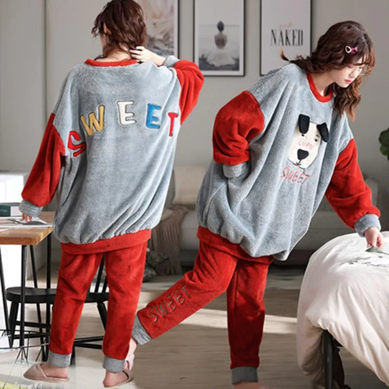Large pyjamas autumn and winter women's lovely coral velvet thickened fat sister 100kg loose maternity home clothes set