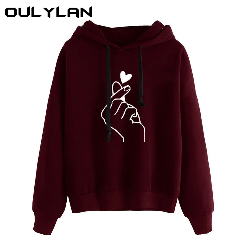  Oulylan Women Hoodies Casual Finger Heart Love Pattern Hooded Sweatshirts Drawstring Long Sleeve Fe